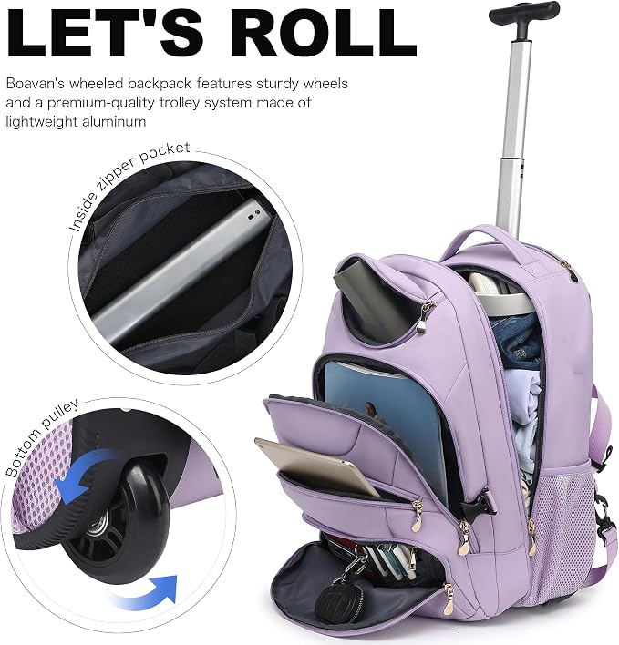 Boavan Rolling Backpack for Women, 17.3 Inch Wheeled Laptop Backpack,Large Travel CarryOn Bag for Teachers College Students, USB Charging Port Waterproof Business for Airplane Overnight Luggage，Purple