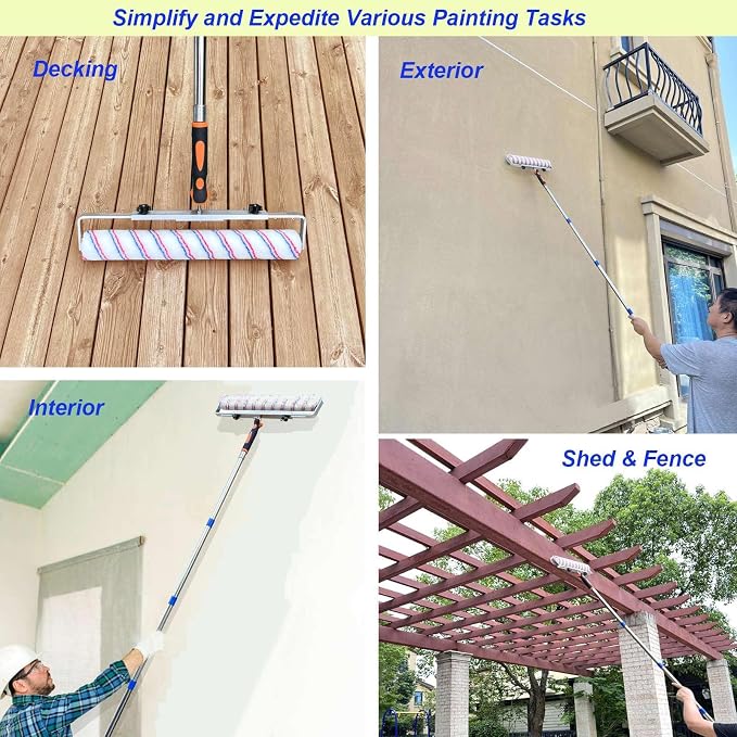 Paint Roller Kit with Extension Pole Adjustable Frame 12 Inch 18 Inch Microfiber Covers, Extra-Large Stain Roller Brush Tray Liner Set for Walls Ceilings Interior Exterior Painting