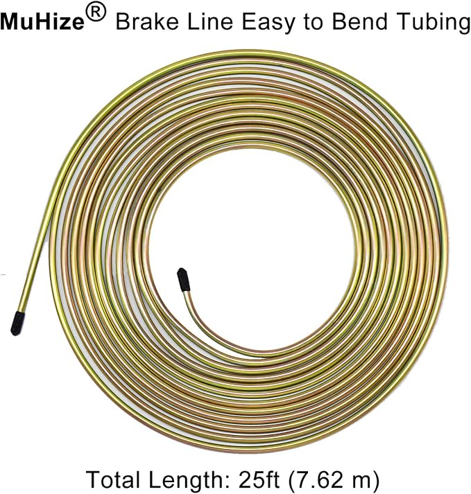 MuHize Brake Line Tubing Kit 1/4 inch 25Ft with 16 Fittings - Zinc Double Galvanized Steel Roll for Cars, Trucks - Complete Hydraulic Fuel Line Replacement, Heavy-Duty Anti-Rust Braking Tubing