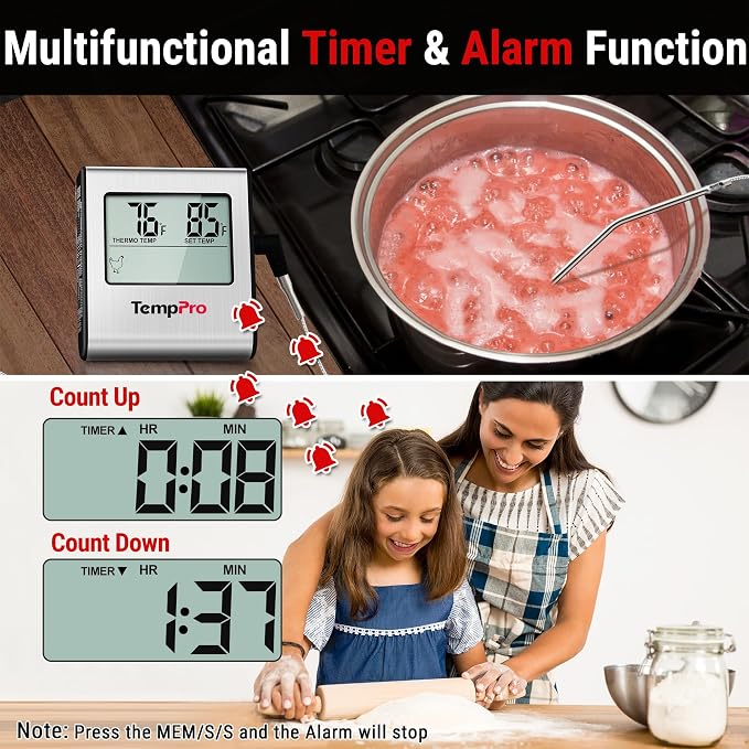TempPro TP16 Large LCD Digital Meat Thermometer for Smoker Oven Kitchen BBQ Grill Thermometer Clock Timer with Stainless Steel Temperature Probe, Cooking Gifts for Father&Husband(Previously ThermoPro)