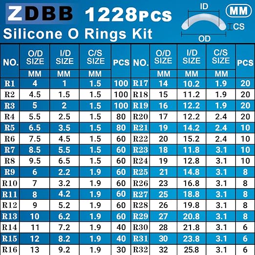 ZDBB 32 Size 1228 PCS Silicone O-Ring Kit, White Oil and Heat Resistant VMQ Seal O-Ring Washer Set for Sealing Faucets and Plumbing with Hook and Pick