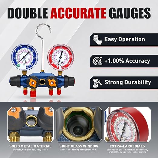 49974 A2L 4-Valve Test and Charging Manifold, 3-1/8" (80mm) Gauges for R-32/R454B/R410A, HVAC Manifold, Hoses Not Included