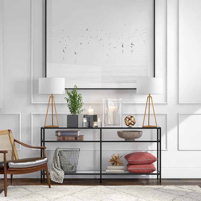 Henn&Hart 64" Wide Rectangular Console Table in Blackened Bronze, Entryway Table, Accent Table for Living Room, Hallway | Glass shelves with extra long design provide open display and storage for living rooms, entryways, hallways, and offices