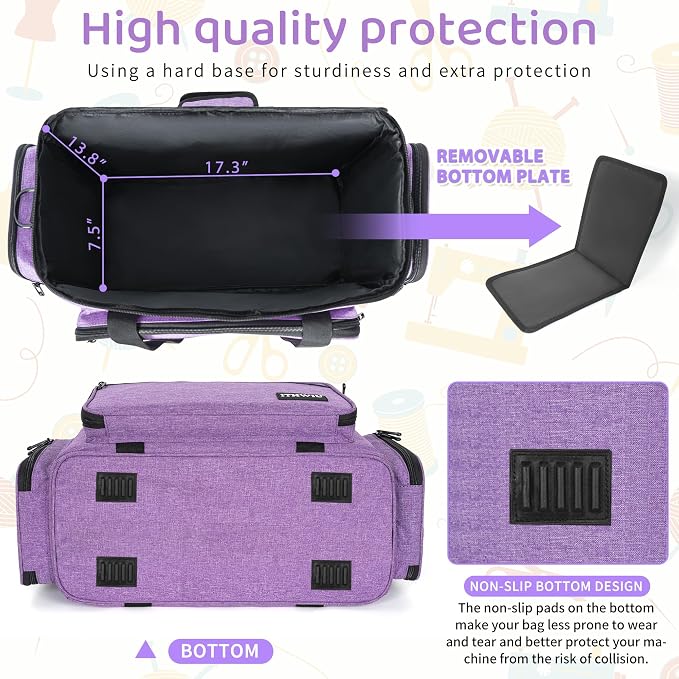 Sewing Machine Case with Wheels, Universal Rolling Trolley Tote with Shoulder Strap & Multiple Storage Pockets Compatible with Most Standard Singer, Brother, Janome,Purple