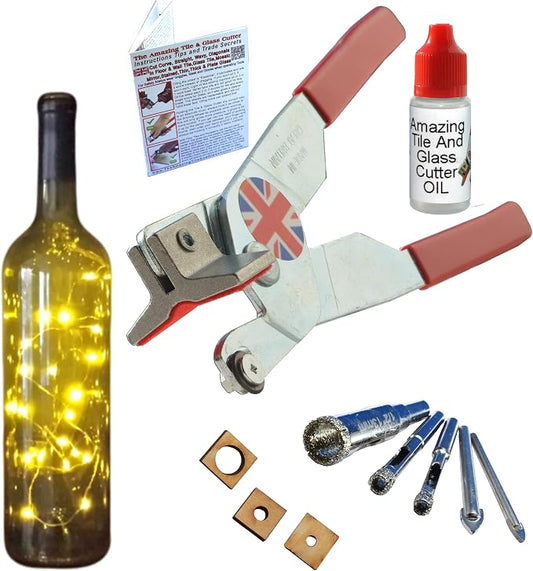 Glass Cutting Kit, Cutter with Glass Drill Bits for Drilling Holes in Bottles, Blocks and Quarter Plate. Professional 2-in-1 Cutter Tool Scorer and Breaker, Step-by-Step Instructions & Online Videos