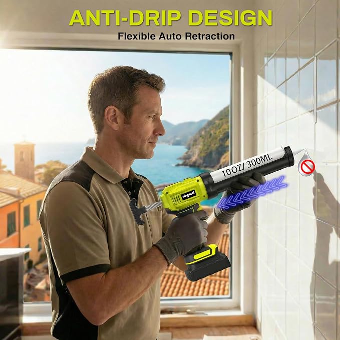 Professional Cordless Caulking Gun, Electric Sealant Gun with LED Light, 4-Speed Control, Anti-Drip, 10 Oz (300ml）Capacity, Compatible with DeWalt 20V Max Battery（Battery not included）
