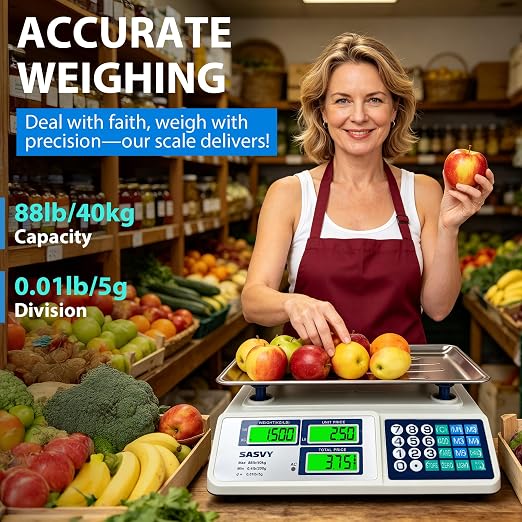 Price Computing Scale 88lb/40kg Commercial Food Scale with Change Function, Dual LCD Displays, Rechargeable Battery for Farmers Markets, Deli, Produce, Meat, Retail