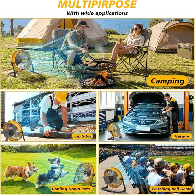12 " Battery Operated Floor Fan Compatible with Dewalt 20V Max Battery, High Velocity AC DC Portable Fan with USB Output, Metal Blade Cordless Jobsite Fan for Garage, Camping, Workshop, Emergency Use