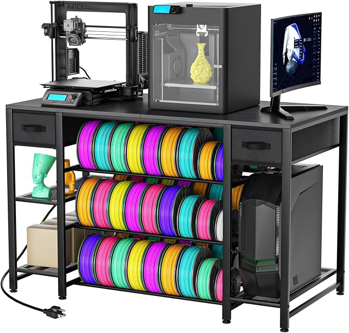 3D Printer Table with Storage, Heavy Duty Metal 3D Printer Stand with Filament Storage Drawer & Power Hub, Large Capacity 3D Printer Desk for Workshop, Studio & Home Office(Black)