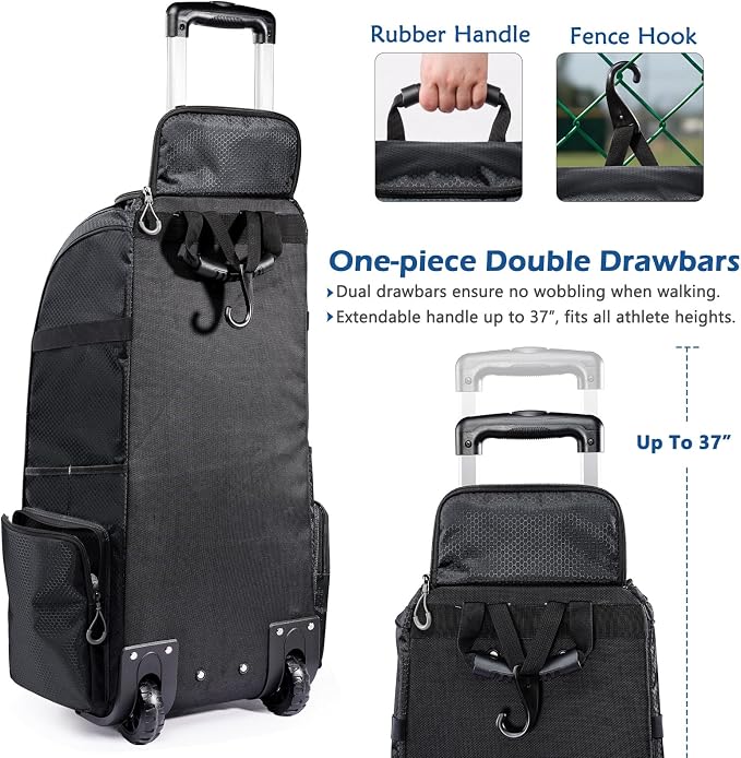 Large Rolling Baseball Catchers Gear Bag with Wheels, Softball Bag with Hard Backing for 4 Bats,Equipment Bag with Separate Shoe & Helmet Compartments, Youth Baseball Bag with 360° Spinner Wheels