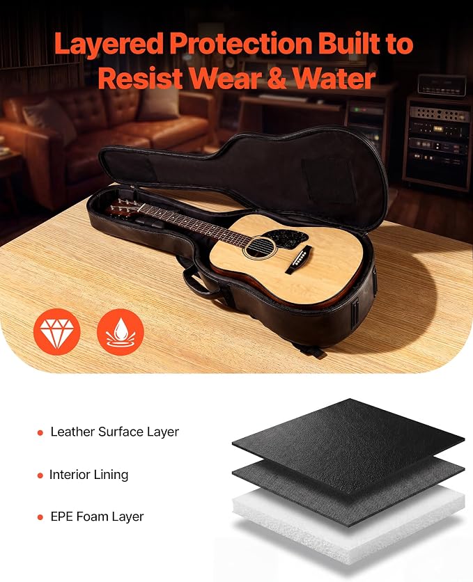 VEVOR Acoustic Guitar Hard Case, 47.1 Inch, Hard-Shell Protective Travel Carrying Case with Accessory Compartment, Foam Padding, Portable Handle, Shoulder Straps, for 41 Inch Acoustic Guitars, Black