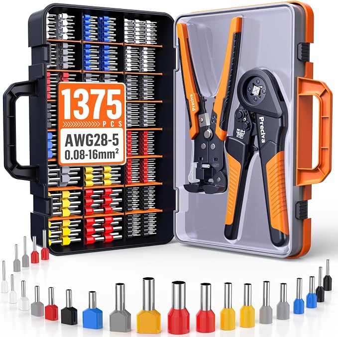 Preciva Ferrule Crimping Tool Kit - AWG 28-5 (0.08-16mm²) Self-Adjustable Ratchet Ferrule Crimper with Automatic Wire Stripper and 1375Pcs Single & Twin Ferrules Connectors