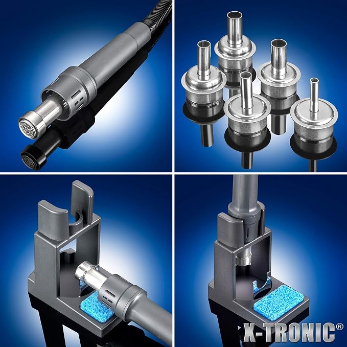 X-Tronic 4020-PRO-X • Hot Air Rework Station • 1000 Watt • Brushless DC Vortex Blower • Quick Change Nozzle Holder • 4 Presets • Temp Calibration, C/F, Auto Cool Down • 3 Straight/2 Spiral Nozzles!