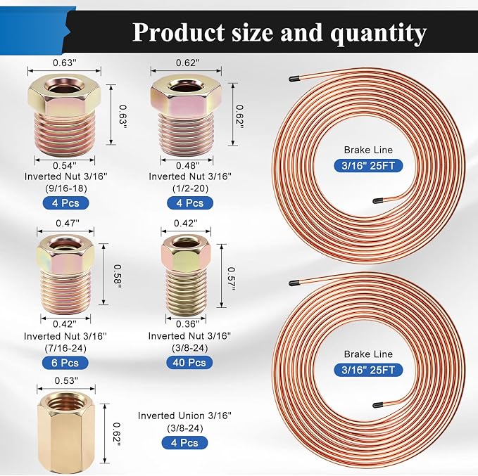 60Pcs 2 Sets 3/16 Inch 25 FT Brake Line Tubing Kit with 58 Pcs Brake Line Fittings, Copper Coated Alloy Steel Brake Lines Kit Replacement for Hydraulic Fuel Transmission Line
