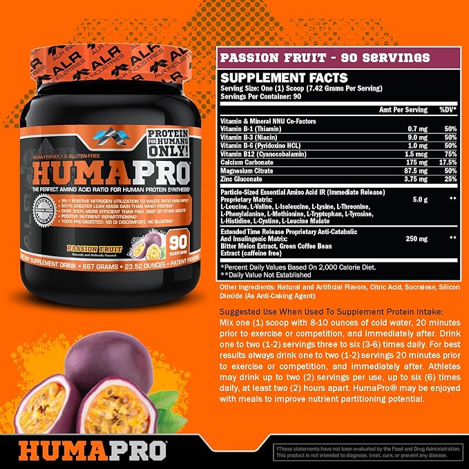 ALR Industries HumaPro Essential Amino Acid Formula | EAA Protein Supplement | Supports Muscle Recovery & Performance | Vegan, Gluten Free | | 90 Servings (Passion Fruit)