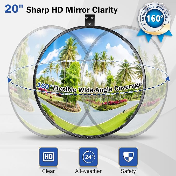 20" HD Acrylic Convex Mirror - 160 Adjustable Wide Angle View, Leather Frame & ABS Back, Blind Spot Mirror for Indoor/Outdoor Use in Garage, Warehouse, Driveway, Store & Office Security