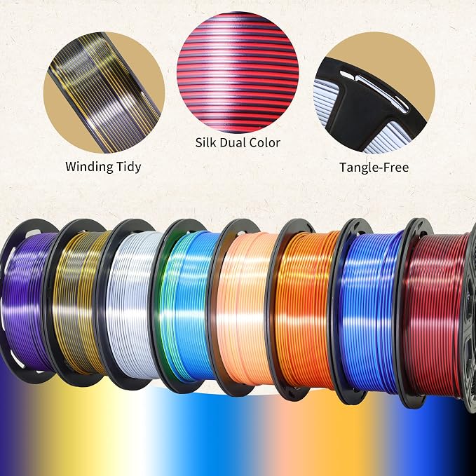 8 Spools Dual Color Silk PLA 3D Printer Filament Bundle, Silk White/Black, Red/Black, GoldBlack, PurpleBlack, Purple/Blue, Red/Gold, Green/Blue, Yellow/Pink, 1.75mm Bicolor Silk PLA 250gX8