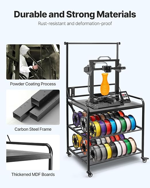 VEVOR 3D Printer Filament Storage Rack with Power Strip, 3-Tier Stand with Filament Storage, Spools Holder Racks Cart with Wheels, Filaments Organzied for 3D Printing Station, Workshop (Shelf Only)