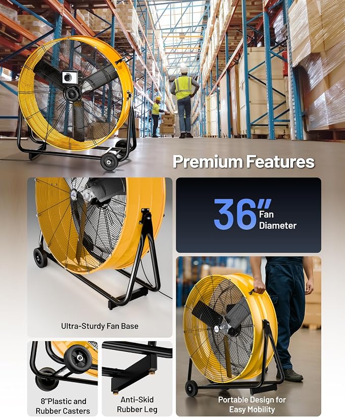 iLiving 36 Inches 16000 CFM Heavy Duty High Velocity Barrel Floor Drum Fan with DC Brushless Motor, Stepless Speed Adjustment for Workshop, Garage, Commercial or Industrial, UL Safety Listed