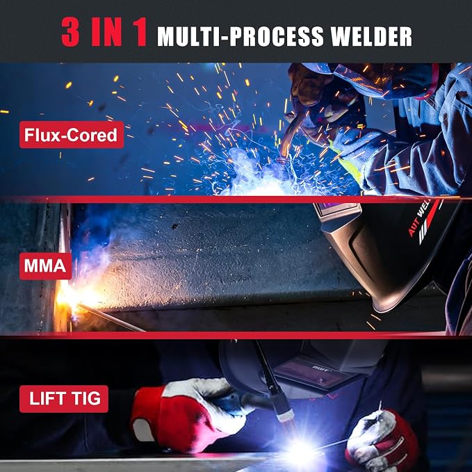 AWT 140Amp MIG Welder Flux Core MIG Welder/Stick/Lift TIG 3 in 1 Welding Machine, Welder Machine 110V-Synergy IGBT Inverter, Portable Gasless Welder Equipment with Welding Helmet