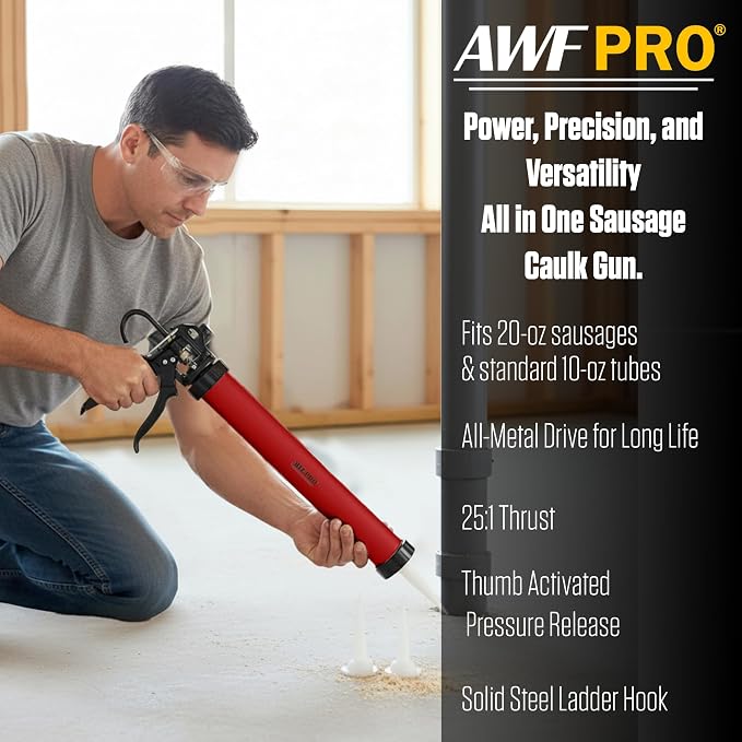 AWF PRO Sausage Caulking Gun, 20 oz Foil Pack and 10 oz Cartridge Convertible, 25:1 Thrust Ratio, Aluminum Barrel, Includes 3 Tips, Pack of 6