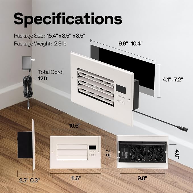 VIVOHOME Register Booster Fan - 6'' x 10'' Opening with Adjustable Louver - Smart Thermostat & 10-Speed Remote Control - AC Vent Fan for Floor, Ceiling, Wall - Quiet Operation (White)