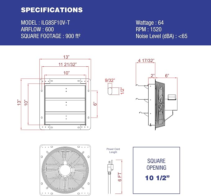 iLiving ILG8SF10V-T, 10 inch Shutter Exhaust Attic Garage Grow, Ventilation Fan with 3 Speed Thermostat 6 Foot Long 3 Plugs Cord, 10" - Variable, 600 CFM, 900 SQF Coverage Area, Silver