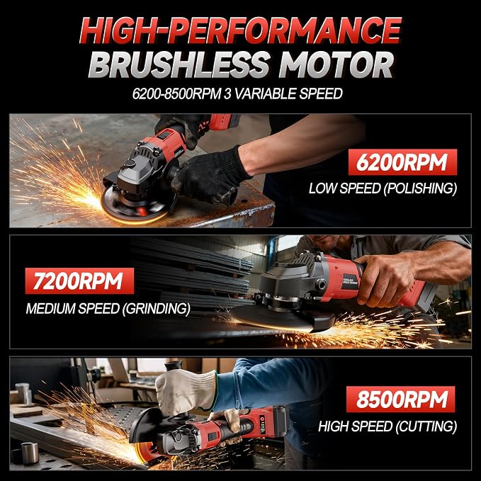 Cordless Angle Grinder Compatible with Milwaukee 18V Battery(NO Battery), 3 Variable Speed Brushless Motor Up to 8500 RPM, 4 1/2 Angle Grinder for Metal Grinding, Polishing, Cutting, 5/8"-11 Spindle