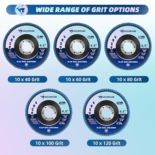 50 Pack Flap Discs 4 1/2" x 7/8" for Angle Grinder, 40/60/80/100/120 Grit T29 Flap Sanding Discs, 4 1/2 Inch Grinding Wheels, Zirconia Grinding Discs for Metal, Wood, and Stainless Steel Finishing