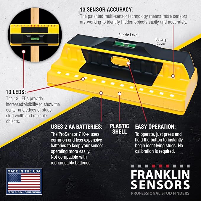 Franklin Sensors ProSensor 710+ Stud Finder with 13-Sensors, Wood & Metal Stud Detector/Wall Scanner, Built-in Bubble Level, Made in The USA
