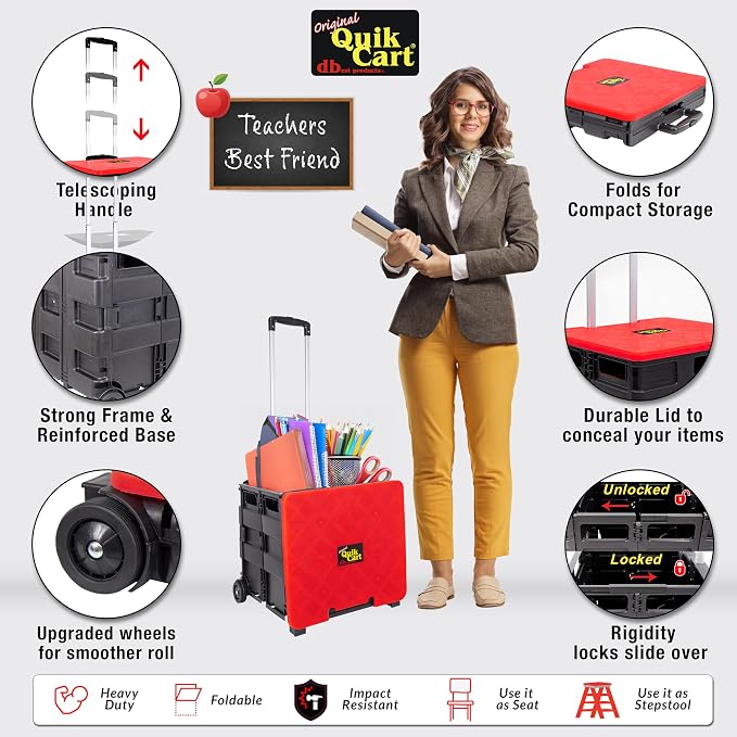 dbest products Quik Cart Collapsible Rolling Crate on Wheels for Teachers Tote Basket 80 lbs Capacity, Made from Heavy Duty Plastic and used as a Seat, Standard, Red