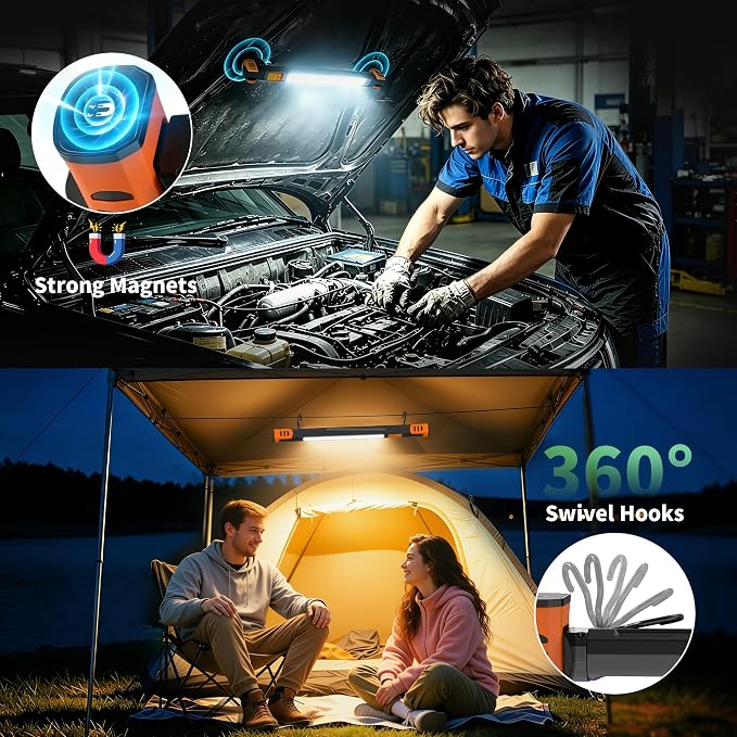 Underhood Magnetic Work Light for Mechanics, 4 Modes 2700K-6500K LED, 7800mAh 12H Battery, IP65 Waterproof, USB-C Rechargeable Hood Light for Car Repair/Garage/Emergency (Orange)