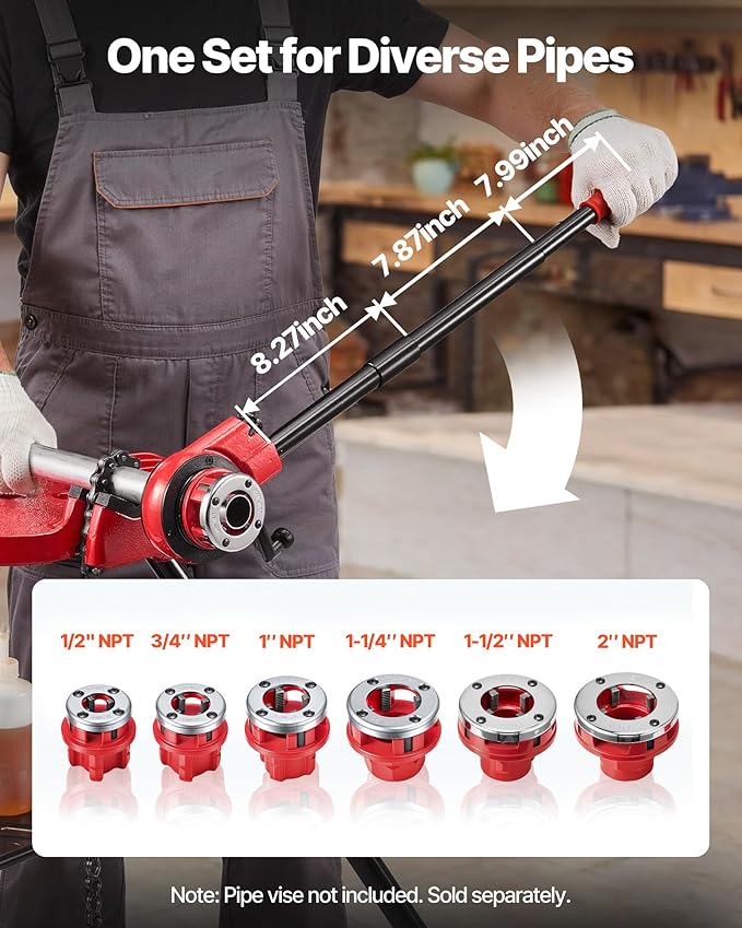 VEVOR Ratchet Pipe Threader Kit with 6 Dies, 1/2" NPT to 2" NPT Manual Ratcheting Pipe Threading Tool, Portable Pipes Threader Set with Toolbox for Plumbing Installation & Repair