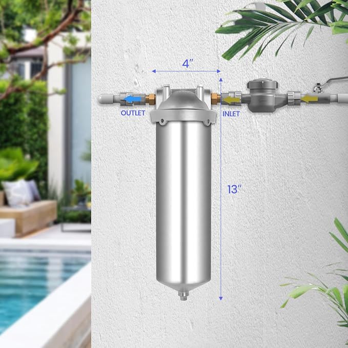 NSF/ANSI 42 Stainless Steel Whole House Water Filter Housing, 10" x 2.5" Sediment Water Filter System for Heavy Duty, Well & City Water, 1/2" NPT Port, Drain Valve Style C(Square Head)