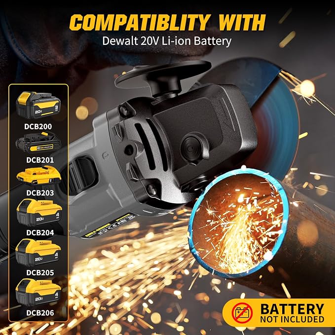 Angle Grinder 4-1/2" Cordless Compatible with DEWALT 20V Max Battery, Brushless Power Grinder Tool, 6 Variable Speed for Cutting Grinding Polishing (Tool Only)