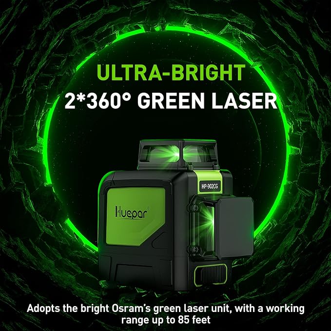 Huepar 902CG Cross Line Laser Level 2x360° Self-Leveling Laser Leveler, 2D Green Cross Line Lazer Level with Pulse Mode, Switchable Horizontal and Vertical, Magnetic Pivoting Base Included
