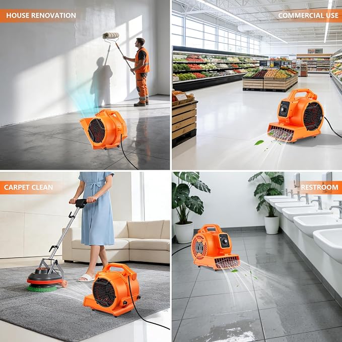 Air Mover Blower Fan, Portable Air Blower, Floor Fan, Carpet Dryer, Floor Dryer, 1/6 HP 600 CFM, 3-Speed, 4 Adjustable Angles, Daisy Chain, Stackable, for Janitorial, Home, Commercial Use, ETL Listed