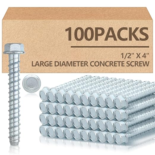 Tandefio 100 Pack 1/2" x 4" Concrete Screw Anchors Galvanized Large Diameter Heavy Duty Plated Concrete Anchors for Masonry Brick Anchoring Block Decking Framing Hex Drive