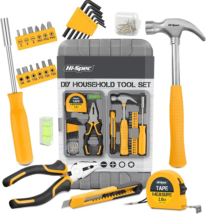 Hi-Spec Small Tool Kit Compact Set for Home and Office DIY, 25-Piece Yellow Mini Tool Box for Basic Household Repairs, Starter Toolkit in a Portable Toolbox Case.