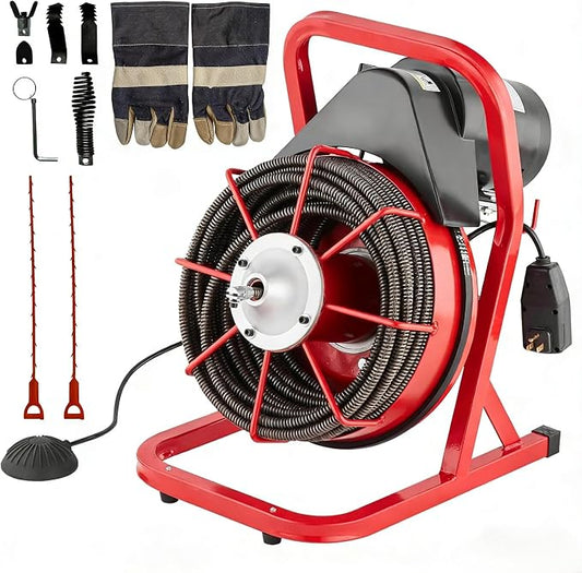 Drain Cleaner Machine 75FT x 1/2 Inch, Sewer Snake Auger Manual Feed, 400W Sewer Snake Auger with 6 Cutters & Foot Switch for 1 in to 4 in Pipes, Heavy Duty Sewer Auger for Sinks, Toilets, Showers