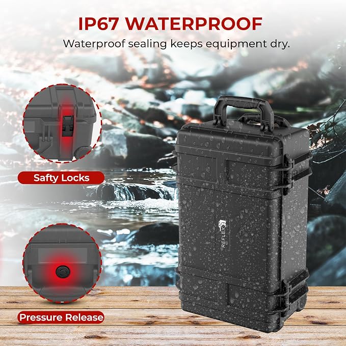 Reflex Camera Large Protective Rolling Hard Camera Case suitable for Drones, Lens, DSLR & Guns. Smooth Rolling Wheels, Waterproof IP67, Shockproof with Adjustable Compartments Dividers