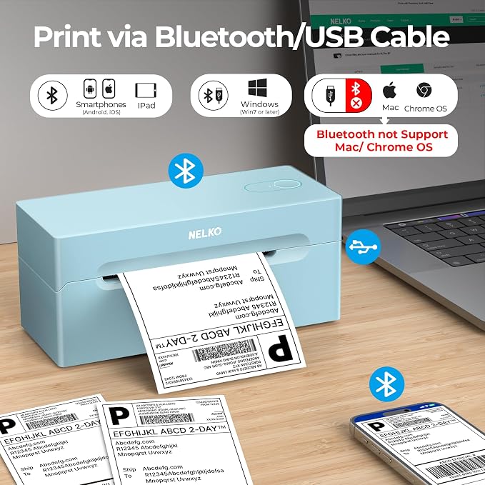 Nelko Bluetooth Thermal Shipping Label Printer, 4x6 Shipping Label Printer for Shipping Packages, Support Android, iPhone and Windows, Widely Used for Amazon, Shopify (Blue)