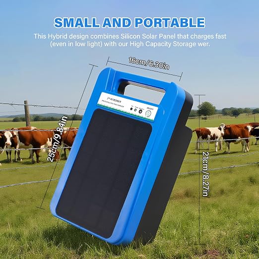 Solar Electric Fence Charger 8 kV Hight Power Energizer, 10000mAh Lithium Battery & 3W Solar Panel - Ideal for Livestock, Pet, Poultry, Gardens, Orchards Protection