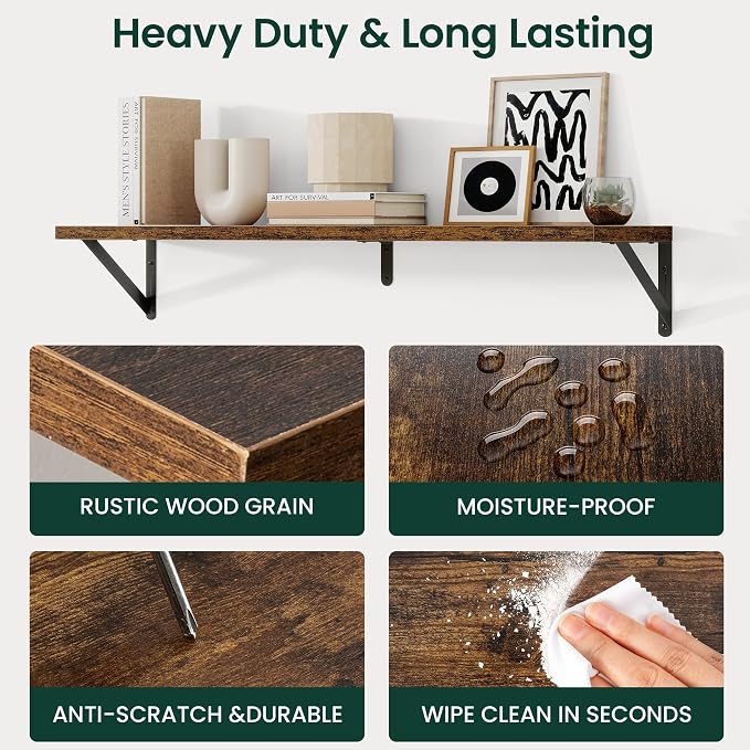 Floating Shelves 8 Inch Deep, 36W x 8D Wall Shelf Set of 2, 60 lbs Heavy Duty Reversible Metal Brackets, Industrial Book Shelf for Living Room Kitchen Bath Bedroom Gallery Wall, Rustic Brown