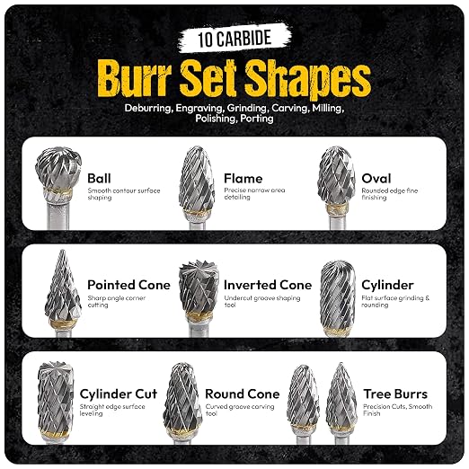 10Pcs Tungsten Carbide Burr Set 6.35mm - 1/4" Shank Double Cut Die Grinder Bits Cutting Burrs - Metal, Steel - Rotary Tools Rasp Accessories - Deburring, Engraving, Grinding, Carving, Porting