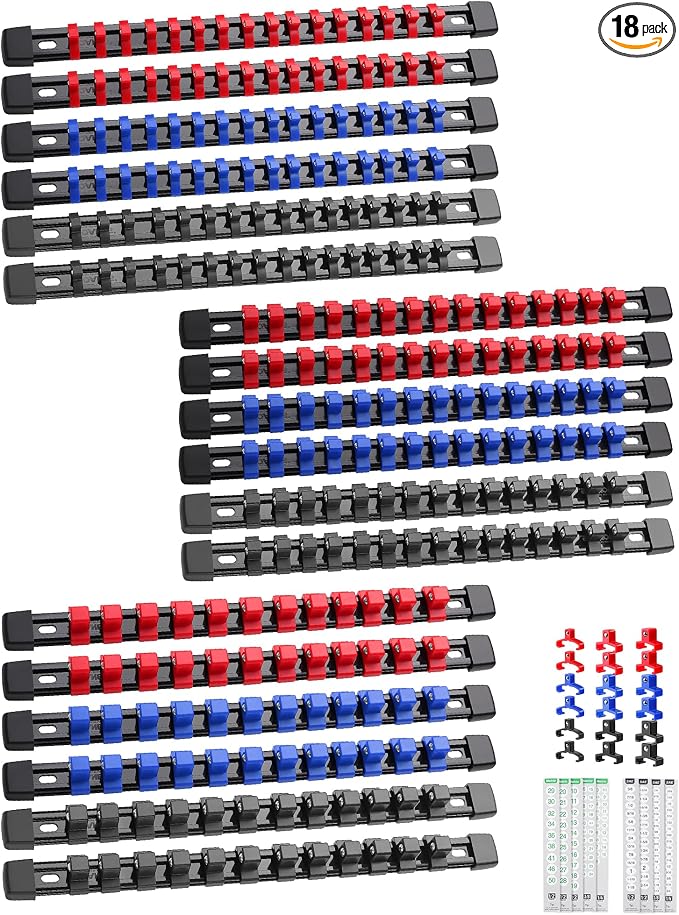 ALOANES 18PC Socket Organizer, Socket Rails Fit 1/2", 1/4" and 3/8" Drive | Portable Heavy Duty ABS Socket Holders Hold up 258 Sockets for Toolbox Drawer Bags(3 Color)