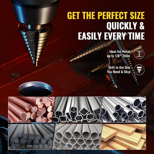 Step Drill Bits, HSS 5PCS Titanium Step Drill Bit Set, 50 Sizes in 5 High Speed Steel Unibit Drill Bits Set for Sheet Metal with Aluminum Case, Multiple Hole Stepped Up Bits for DIY Lovers