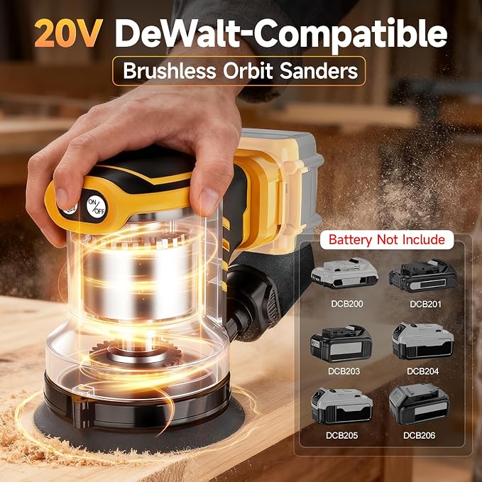 5-Inch Random Orbital Sander, Cordless Sanding Machine Compatible with Dewalt 20V Battery(NO Battery), Brushless Electric Sander with Dust Collector (Light Yellow)