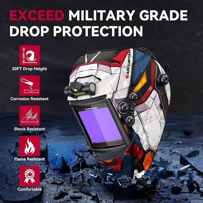 ARCCAPTAIN Large View 3.94" x 3.66" True Color Auto Darkening Welding Helmet with Light, Solar Powered Welding Hood, 4 Arc Sensor Wide Shade 4/5-9/9-13 for Stick MIG TIG Cut,MF