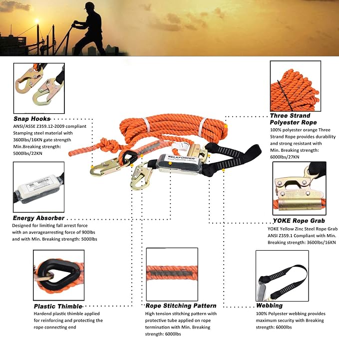 25FT Vertical Lifeline Assemble Three Strand Rope Fall Protection with Rope Grab Snap Hooks Shock Absorber Fall Protection Safety Equipment ANSI Compliant